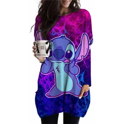 2024 Spring/Summer Women's T-shirt Long Sleeve Splicing Round Neck Casual Disney's Lilo&Stitch Printed T-shirt Women's T-shirt