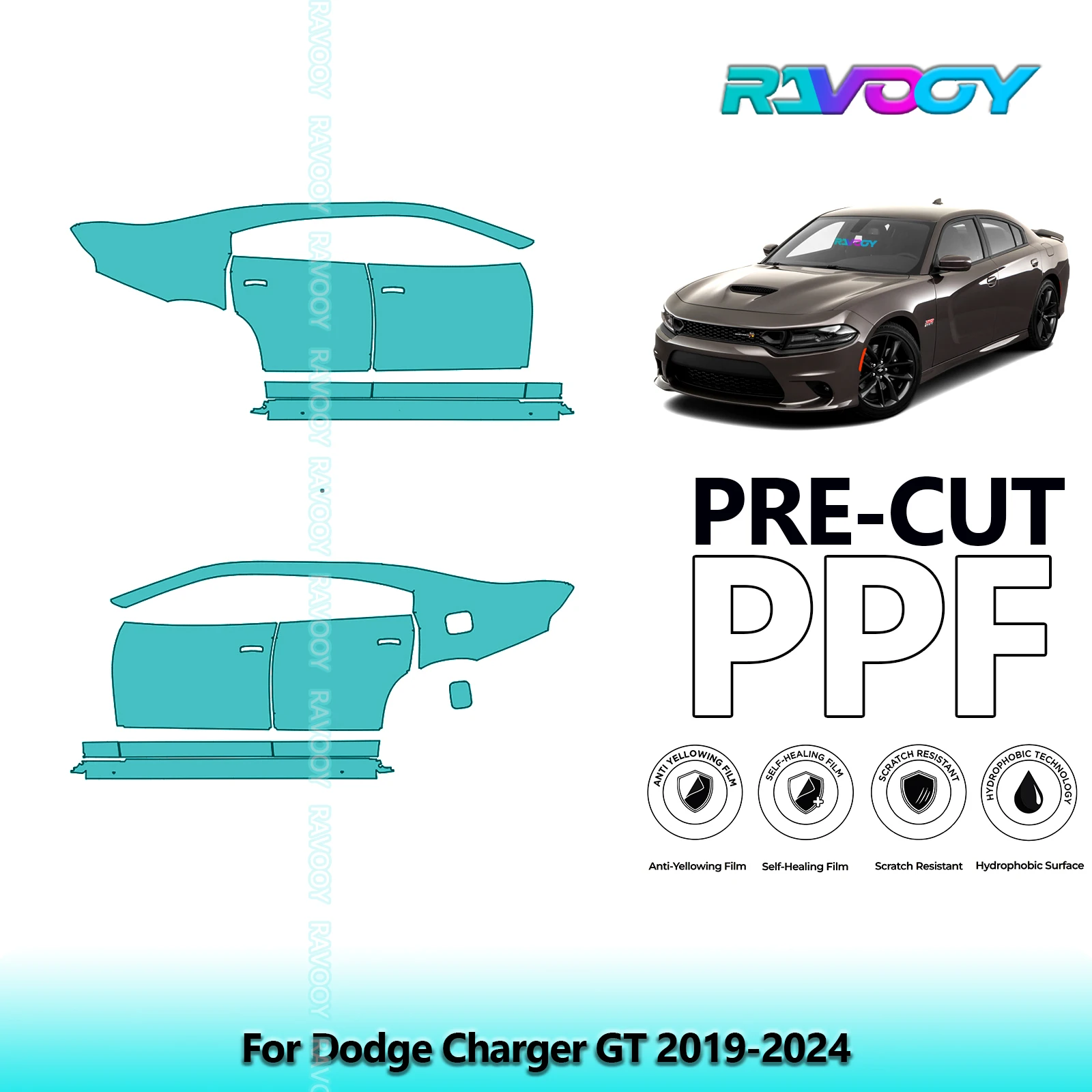 

For Dodge Charger GT 2019-2024 8.5mil Clear Matte Pre-Cut PPF Door & A/B Pillar Kit TPU Paint Protection Film Set