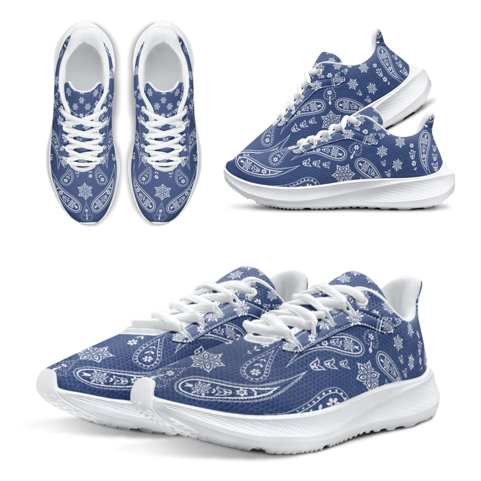 INSTANTARTS Hot Boho Cashew Flower Girls Tennis Shoes Comfortable Lace Up Blue Floral Shoes Running Shoes White Lace Up Footwear