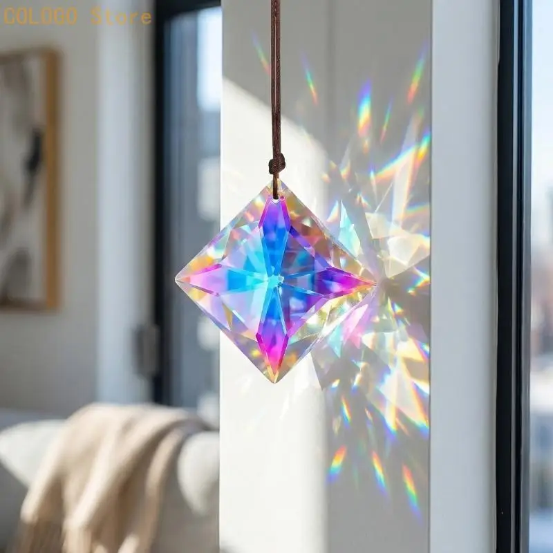 Car Mirror Crystal Pendant Set of 4, Faceted Sun Display with Attached Cords for Window, Porch, Patios and Home Glass Styling