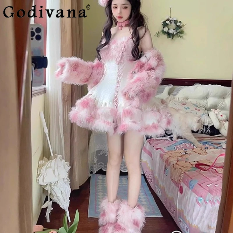 الحلو الفتيات الوردي لطيف لوليتا فستان مجموعة النساء تنوعا معطف أفخم فو الفراء قصيرة JSK لوليتا دعوى الخريف الشتاء اليابانية وتتسابق