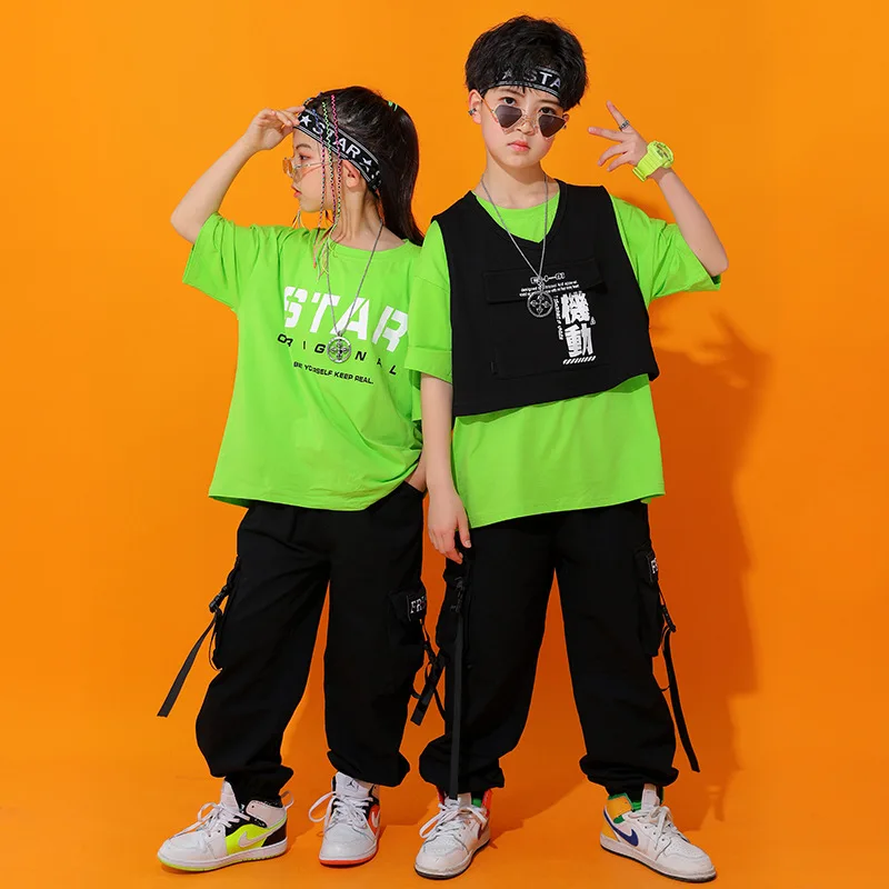 Hip Hop Boys Vest Cargo Pants Girl Crop Waistcoat Loose T-shirt Child Street Dance Joggers Clothes Sets Kids Streetwear Costumes