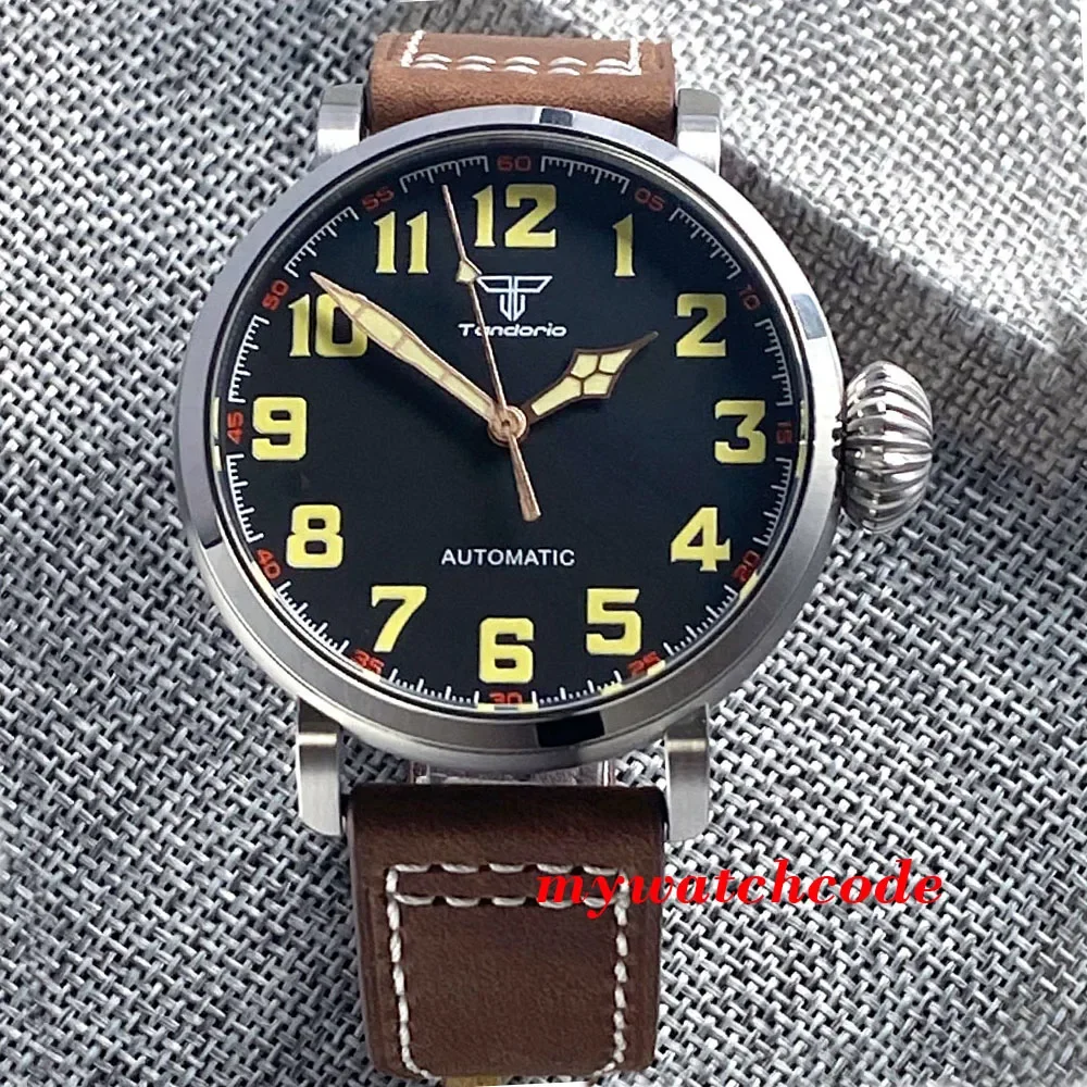 47mm Vinatge Tandorio NH35A PT5000 Automatic Wristwatch for Men Luminous Black Dial Sapphire Steel Clock AR Sapphire Glass