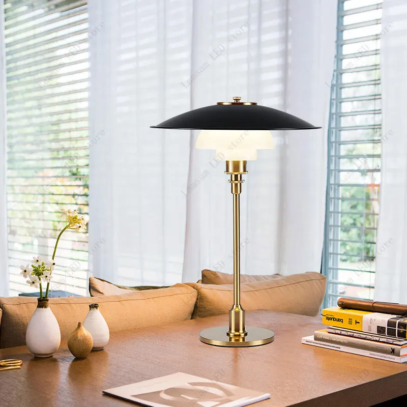 Classic Danish Table Lamp AC Powered Nordic Desk Light with Glass and Metal Lampshade 85-265V E27 Bulb for Room Decor
