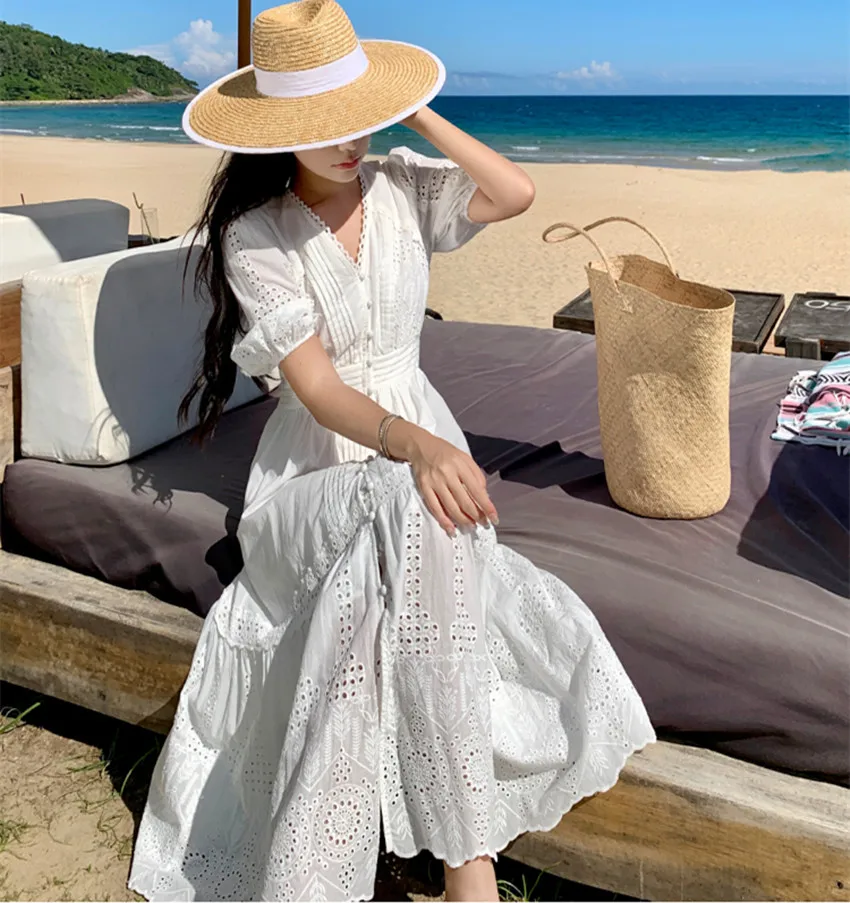 French Luxury Summer Vacation Long Dress Elegant Women Single Breasted Embroidery Hollow Out Cotton White Slim Boho Maxi Robe