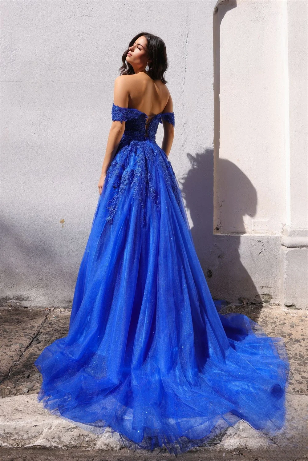 Amanda 2024 Sapphire Blue A-line Vestido De Novia Sweet Off Shoulder Lace Evening Dress Corset Tulle Sweep Train Prom Dress 2024