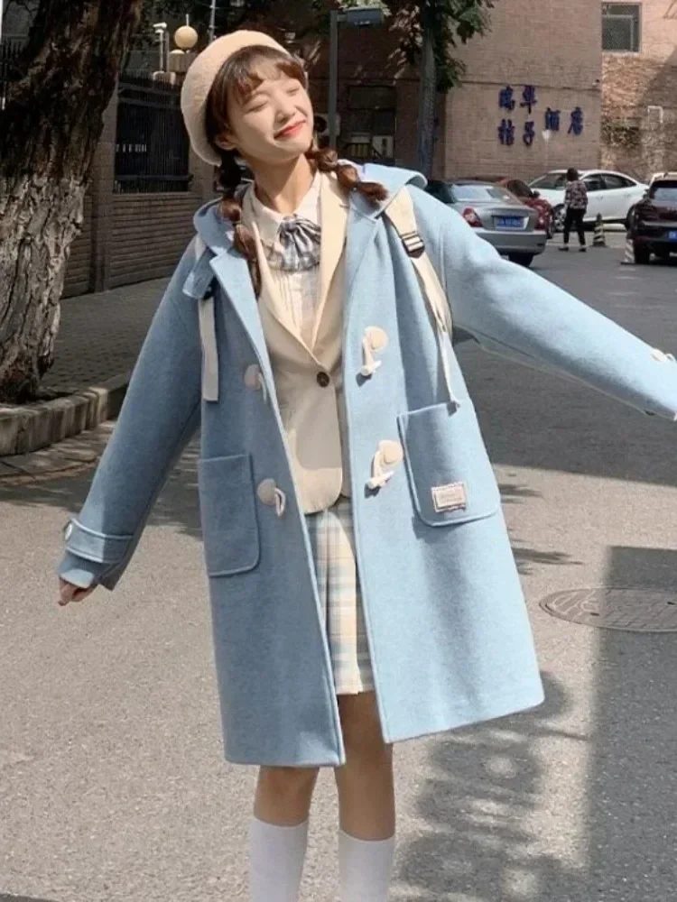 Herfst Winter Wollen Trenchcoat Koreaanse Preppy Oversize Cowl Gesp Lange Tweed Jas Jassen Vrouwen Kawaii Capuchon Wollen Uitloper