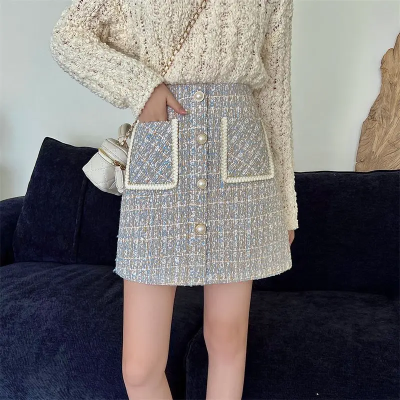 الشتاء تنورة المرأة حجم كبير منقوشة الصوفية ألف خط تنورة قصيرة عالية الخصر سليم صالح عادية موضة أنيقة الخريف الزي القمم #6