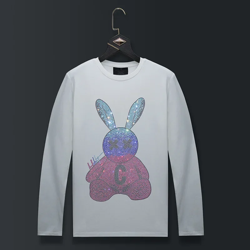 Plus Size Long Sleeve T Shirts Men Cartoon Rabbit Rhinestones Fashion Streetwear O Neck Slim Modal Cotton Tshirts Mens Clothing