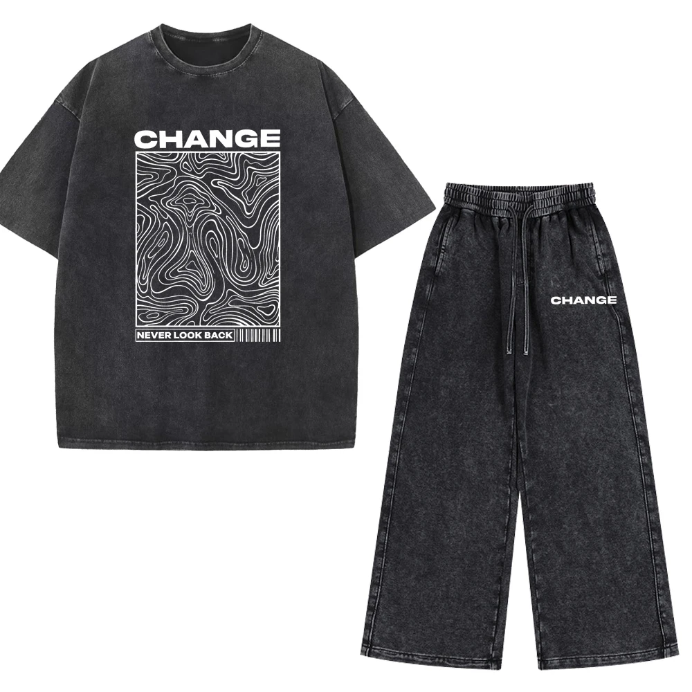 Vintage Washed Herren Zweiteiler Set Never Look Back Topographischer Druck Übergroßes Kurzarm-T-Shirt Kordelzug Weite Hose Casual – Detail 3