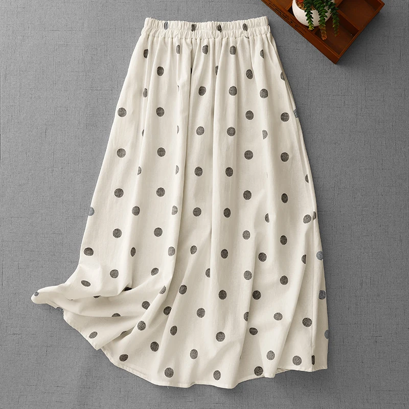 

Новая красивая черная юбка в горошек из хлопка и льна RAIN YAN LIN, женская летняя повседневная юбка А-силуэта с завышенной талией