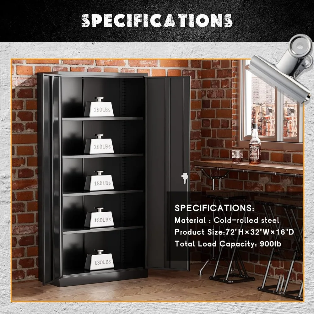 Storage Cabinet, 72” Black Garage Steel Locking Cabinet with Doors and 4 Adjustable Shelves,