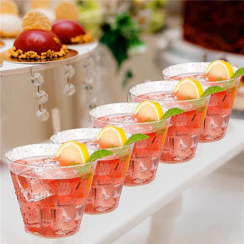 

ABGG-Gold Plastic Cups Clear Plastic Wine Glasses, Fancy Disposable Hard Plastic Cups With Gold Glitter For Party Cups 125Pcs