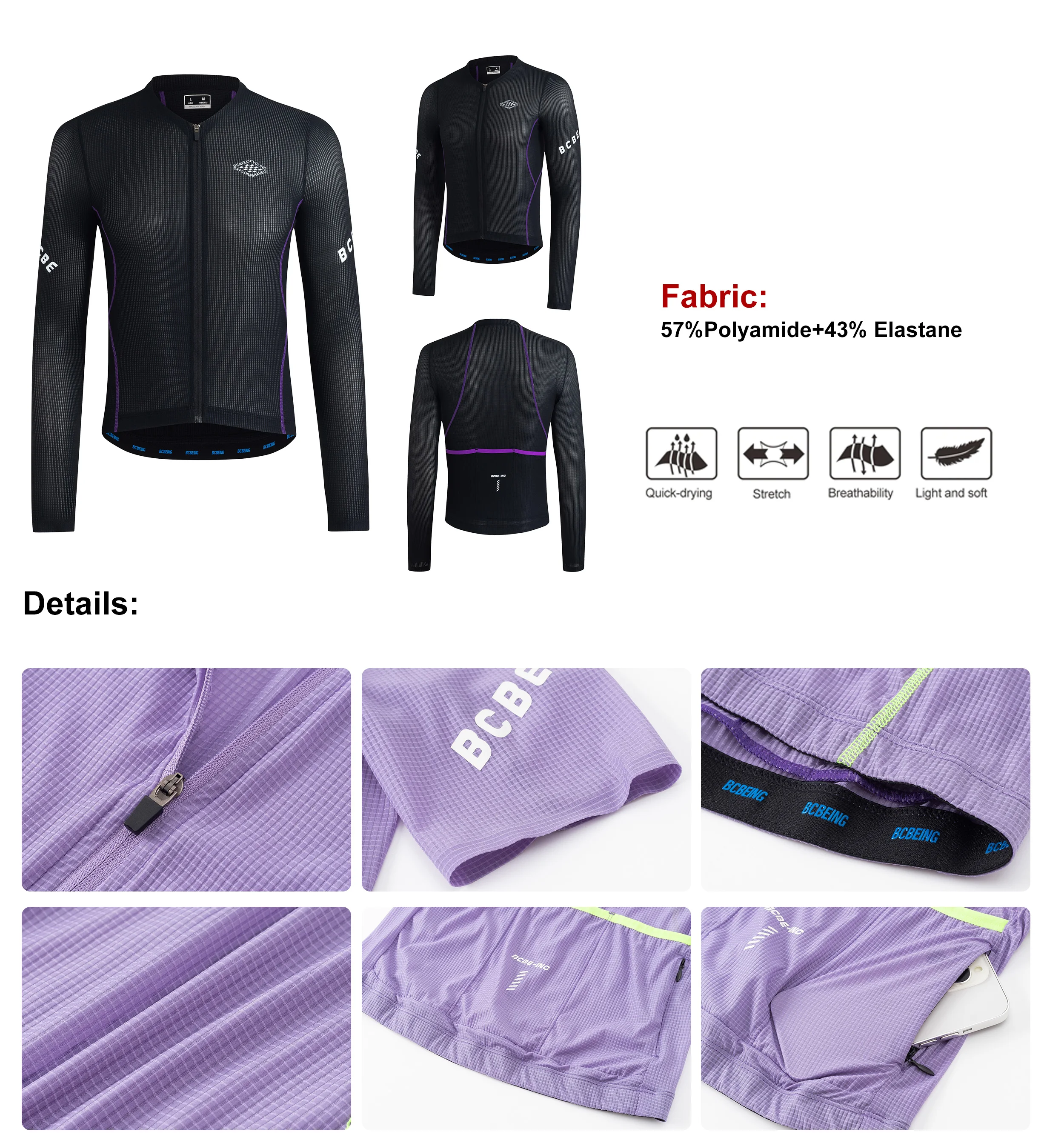 BCBE-ING Herren-Radtrikot Langarm Leichtgewicht Slim Fit Aero-Radtrikot Atmungsaktiv Schnelltrocknend Fahrrad-Radsport-Shirts – Detail 1