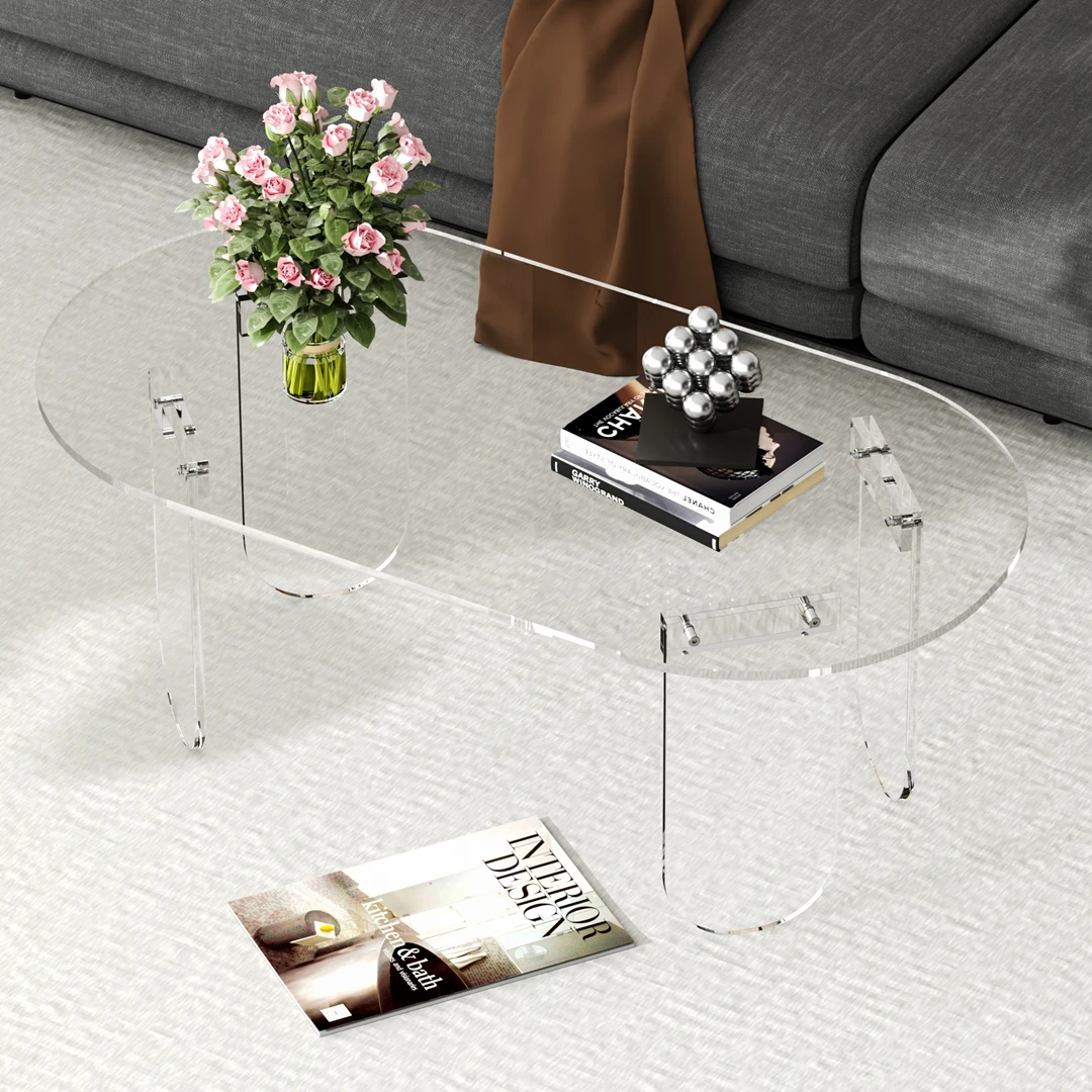 

Прозрачный овальный акриловый журнальный столик, современный приставной столик с 4 ножками и ПВХ-чехлом для гостиной, офиса