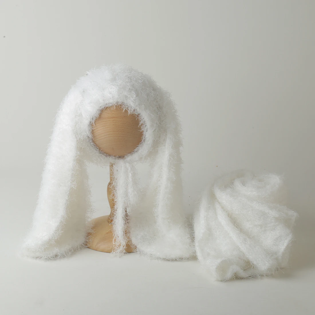 

Vintage Knit Stretch Fuzzy Wrap And Bunny Hat Set Newborn Photography Prop Crochet Mohair Wrap Bonnet Photo Shoot