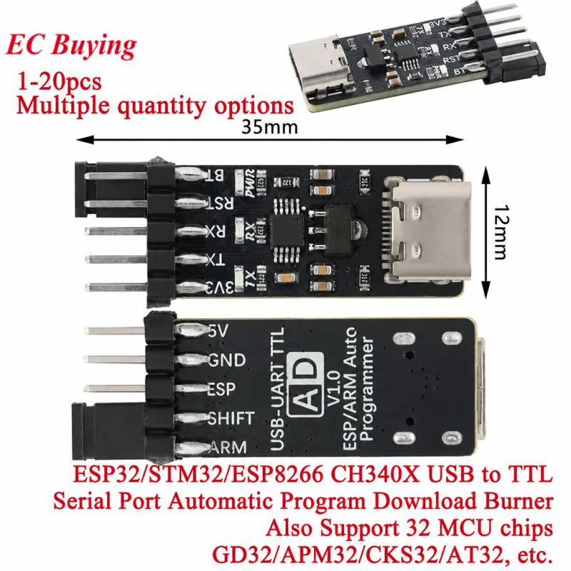 1-20pcs ESP32/STM32/ESP8266 CH340X USB to TTL Serial Port Automatic Program Download Burner MCU Chip GD32/APM32/CKS32/AT32 IDE