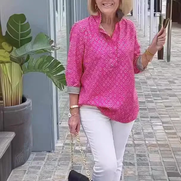 Herbst 2023 Damen Casual Stehkragen Digitaldruck 7/8 Sve irt Pendeln Sle Loose Fit Mittellange offene Strickjacke