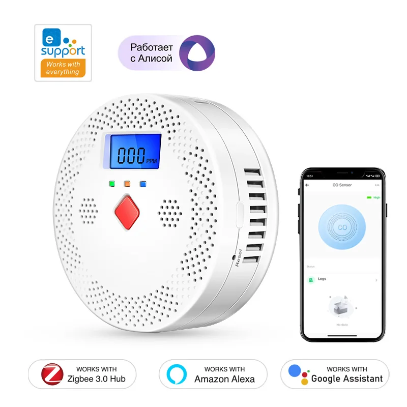 Ewelink Zigbee Smart Carbon Monoxide Detector Alarm 80dB Sound Warning LCD Digital Display CO Monitor Work with Zigbee2MQTT