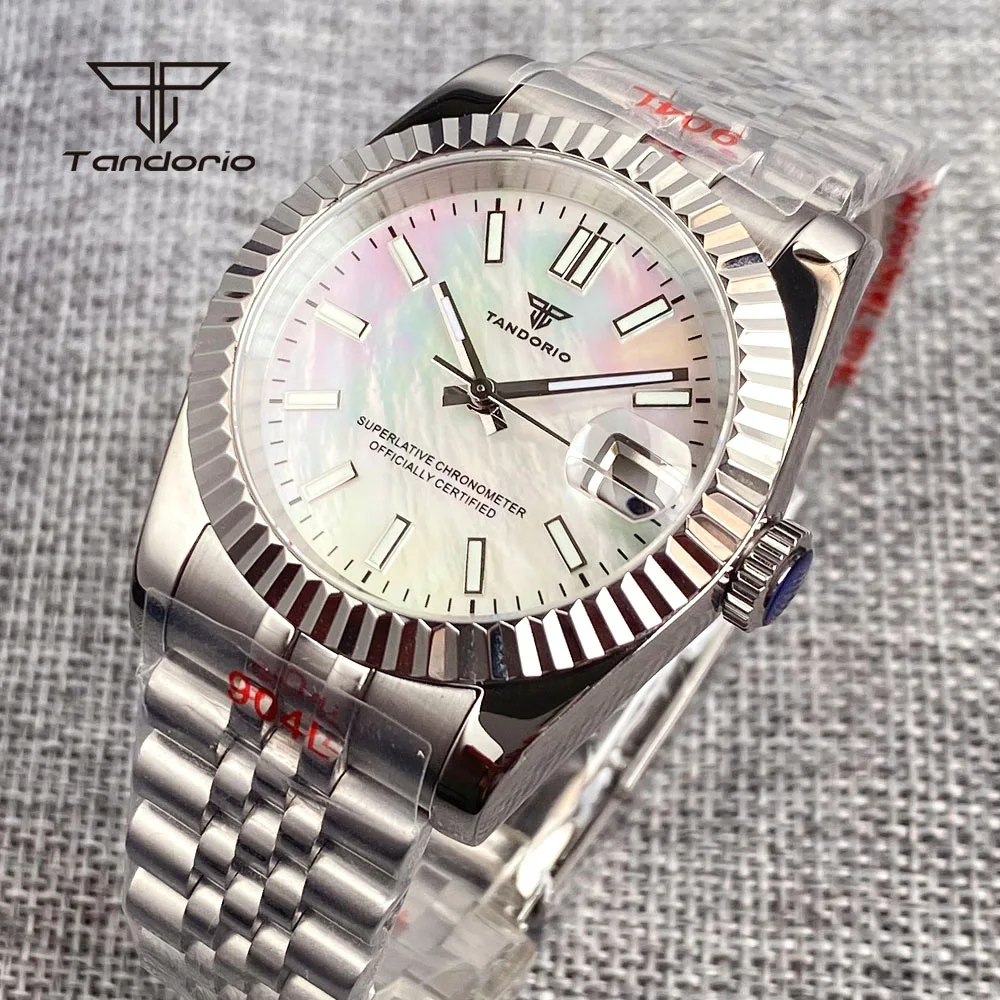 Tandorio NH35 Mother of Pearl Dial Date 36mm/39mm Steel Automatic Wristwatch Sapphire Men\'s Mechanical Watch Luminous Shell Face