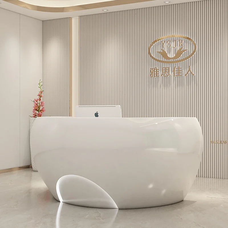 أثاث شبكي احترافي للنقود، مقهى تصفيف الشعر، مكتب استقبال أبيض، بار صالون تجميل، مستحضرات التجميل، طاولة حديثة LED