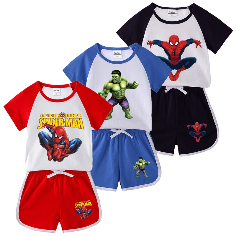 Summer Boys Spiderman Cotton T-shirt+Shorts Set Children's Short Sleeve Shorts Tracksuits Set Boys Babies Casual Clothes 1-8Year