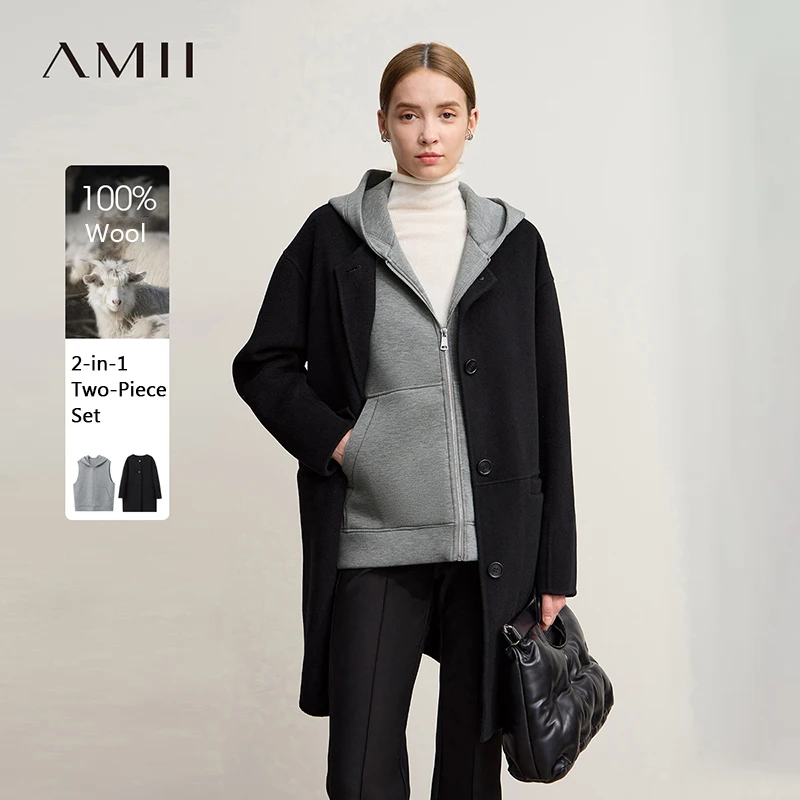 

Женское пальто Amii, новинка зимы 2022, универсальное однобортное двустороннее шерстяное пальто, вязаный жилет с капюшоном, комплект из двух предметов 12524131