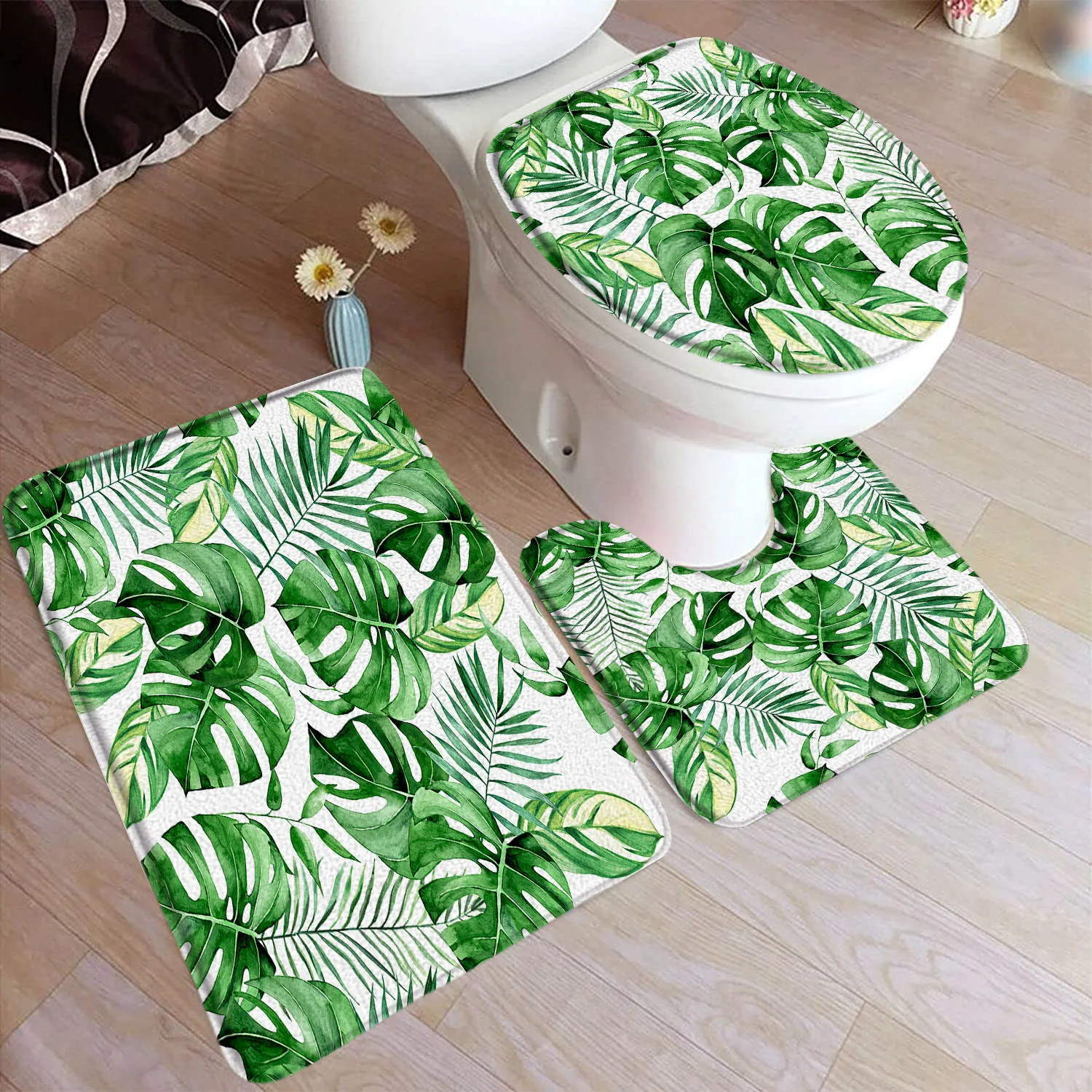 Tropical Leaves Bath Mat Set Palm Leaf Monstera Green Plants Home Carpet Flannel Bathroom Decorative Floor Rugs Toilet Lid Cover