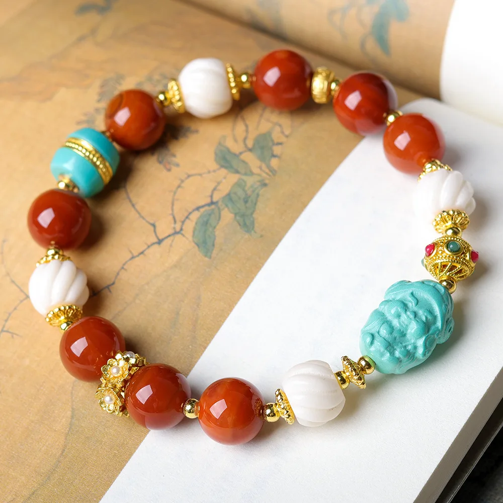 

New Chinese Style South Red Agate Bracelet with Magnesite Turquoise God of Wealth Beads Antler Flower Beads Gifts