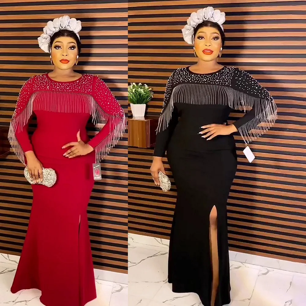 2023 مخصص ذيل السمكة تنورة مطاطا مساء فستان حجر الراين شرابة زائد الخرز