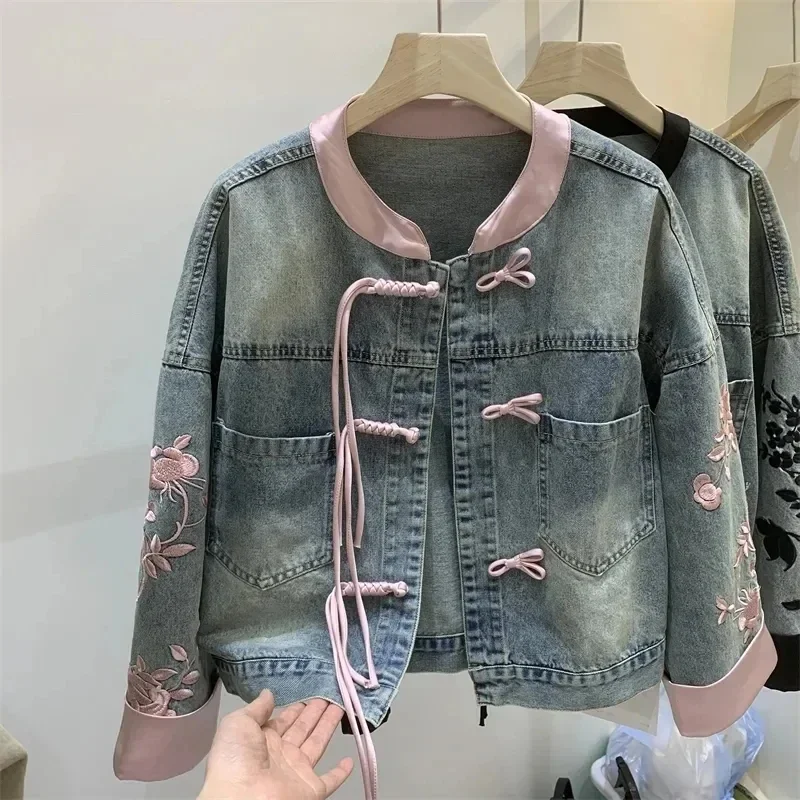 

Women’s Short Embroidery Denim Jacket 2024 Spring Autumn New Fashion Long Sleeve Loose Casual Jeans Coat Female Cowboy Overcoat