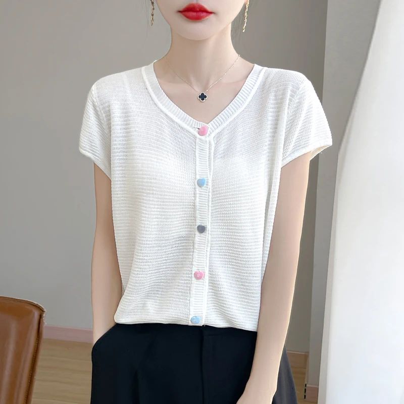 

Women's classic Australian wool cardigan V-neck knitted short sleeved button sweater casual soft breathable high-quality top