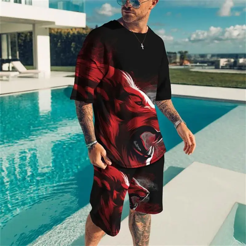 Newest Summer Men\'s Sets Beach Shorts Outfits 3D Lion Print Short Sleeve T-shirts 2 Pcs Trendy Male Clothing Oversized Sportwear