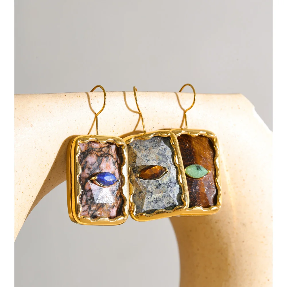 Yhpup 2026 Natural Tiger Turquoise Rhodochrosite Stone Rectangle Earrings New Arrivals Stylish Ear Jewelry Gift