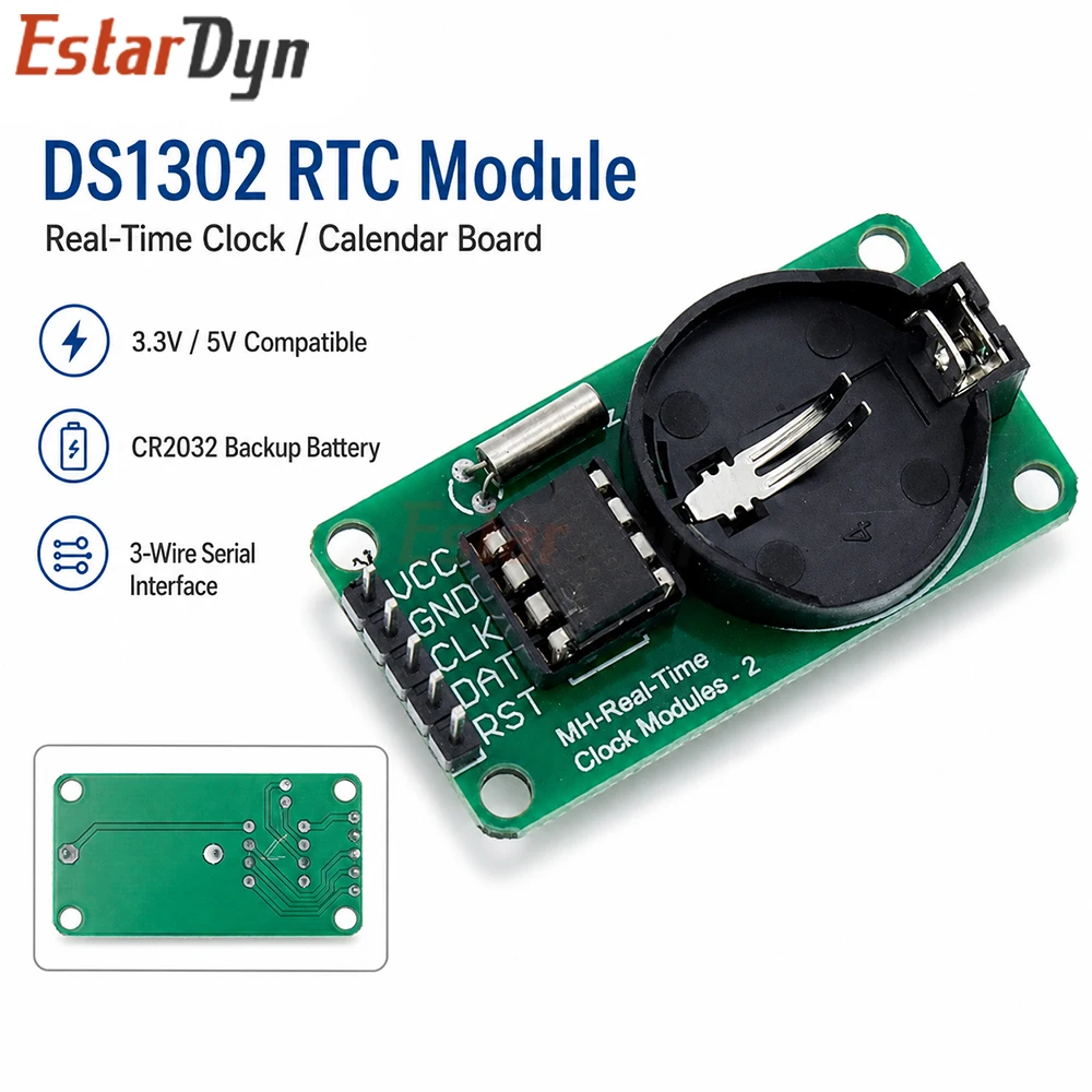 Estardyn DS1302 RTC Real Time Clock Module with CR2032 Battery Holder for DIY MCU Development Board Starter Kit