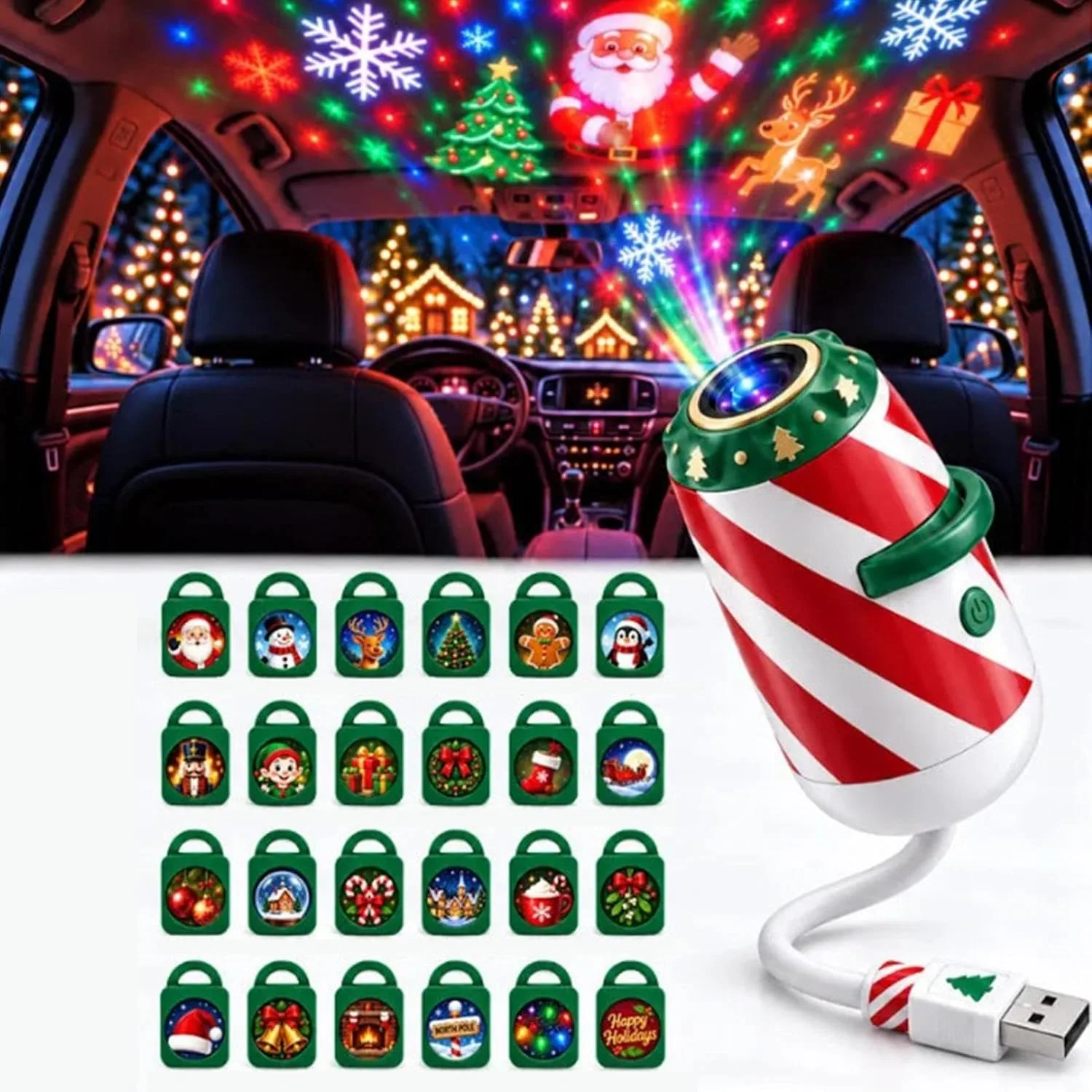 Christmas Night Light USB Projector Lamp with 6 Holiday Patterns Flexible Tree Design for Bedroom Ceiling Party Home Decor Gift