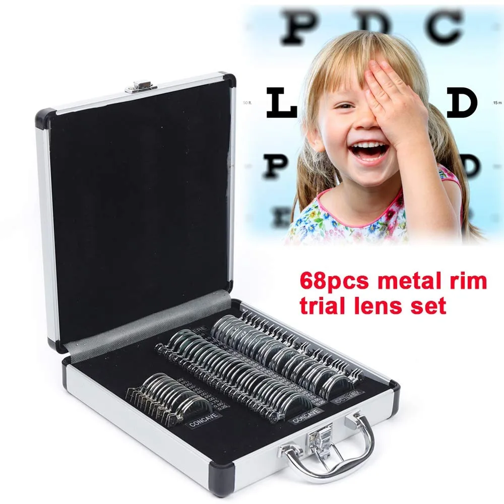 Juego de lentes de prueba óptica, lentes oftálmicas para oftalmología, Kit de optometría, marco de prueba, carcasa de aluminio con borde de Metal, 68 piezas