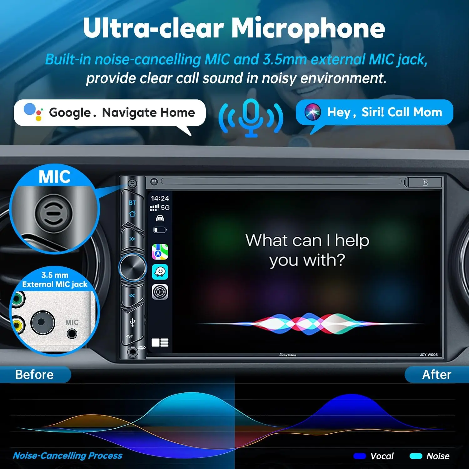 Wireless Car Stereo with CarPlay & Android Auto, 7" Touchscreen, Bluetooth, Backup Camera, High Power Audio