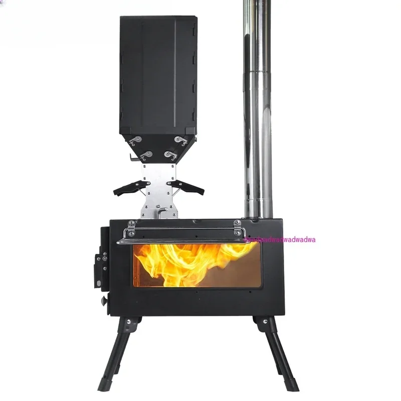 Portable windproof outdoor pellet fire wood heater with burner stove bin for camping tent