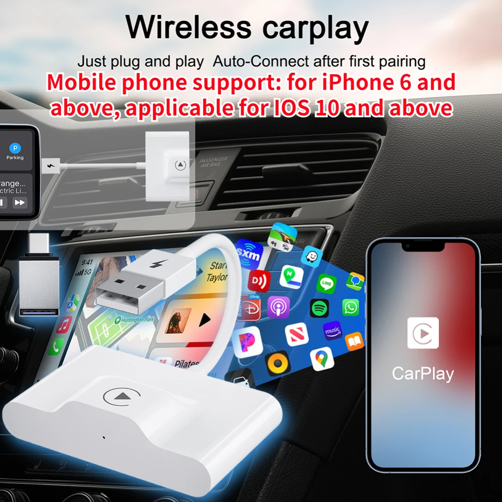 Wireless CarPlay Adapter for lPhone Wireless Auto Car Adapter for Apple Wireless Carplay Dongle Plug Play for iPhone 6 and Above