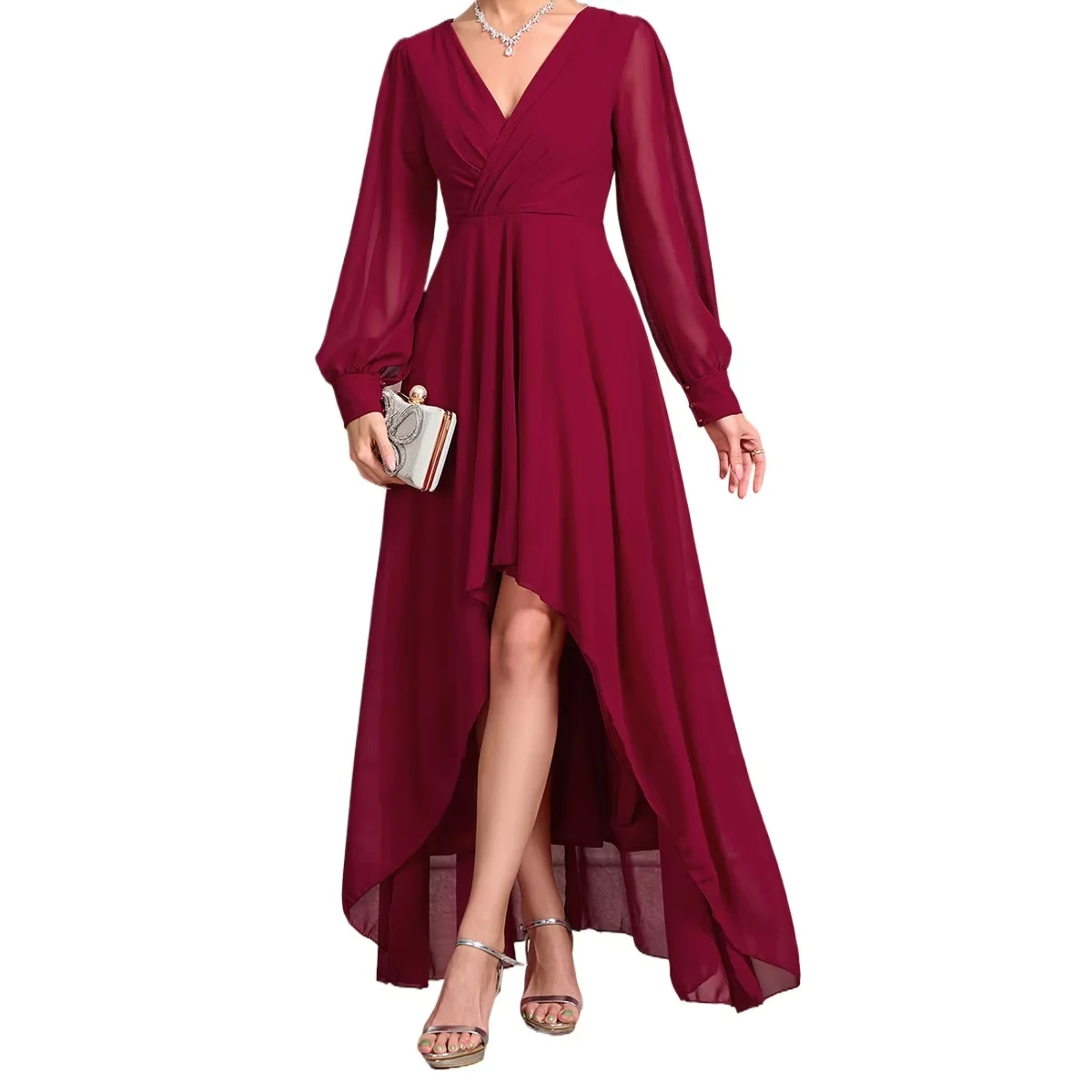 

Elegant V-neck Ruched High Low Long Formal Party Dress With Long Sleeves