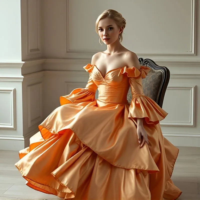 Customized Shimmering Orange Victorian Prom Dresses Corset Back Full Sleeves Evening Gowns Ball Gown