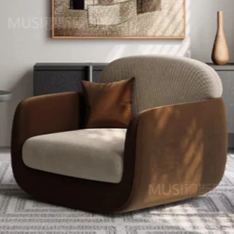 Designer Single Sofa Chair Two‑Tone Fabric Upholstered Leisure Accent Armchair Curved Frame Lazy Lounge Seat for Living Room