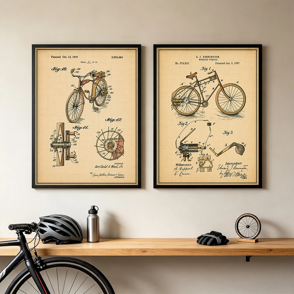 Retro Bicycle Patent Drawing Prints Vintage Mechanical Structure Design Canvas Painting Cycling Enthusiasts' Study Room Decor