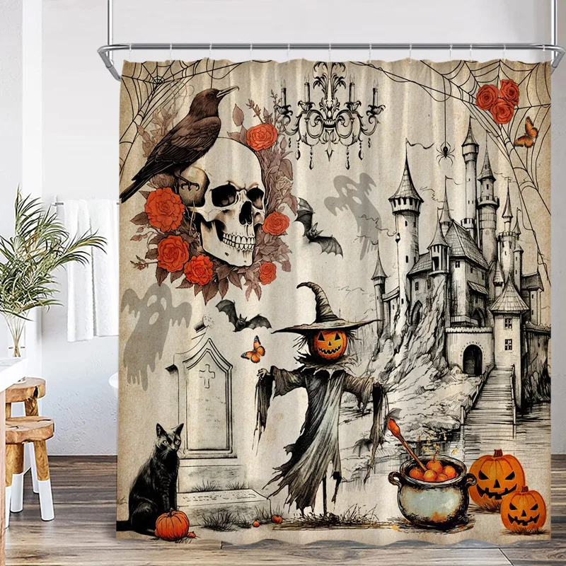 Halloween Shower Curtain Horror Skeleton Pumpkin Lamp Skull Black Raven Cat Bat Tombstone Castle Vintage Bathroom Decor Curtains