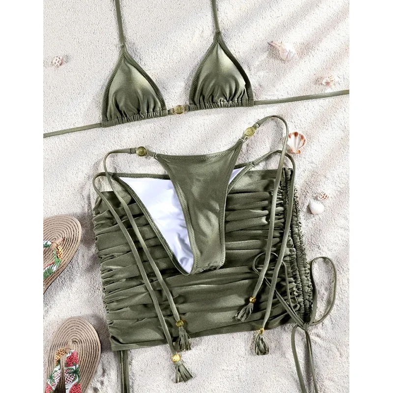 

Sexy Triangle Micro Bikini Swimsuit Women Lace Up High Cut Thong Skirt Cover Up Swimwear New Bathing Suit Lady 3 Piece Beachwear