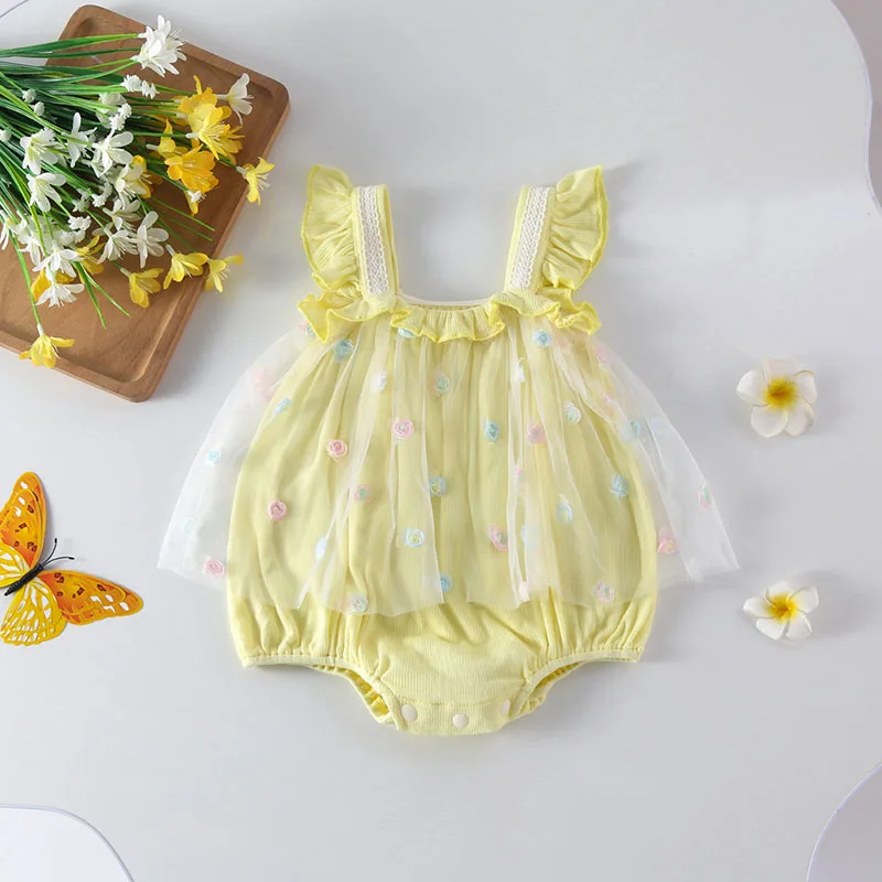 2024 New Summer Girls Flower Bodysuit Baby Sweet Lace Mesh Princess Dress Infant Cute Flower One Piece Toddler Jumpsuit