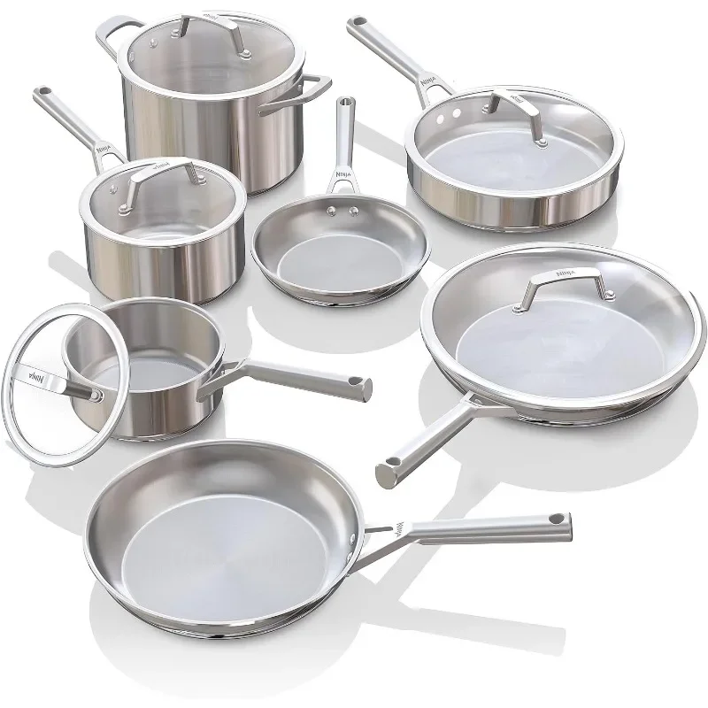 EverClad Stainless Steel Cookware 12 Piece Pots & Pans Set, All Stovetops & Induction, Oven Safe to 600°F, PFAS Free, Tri-Ply