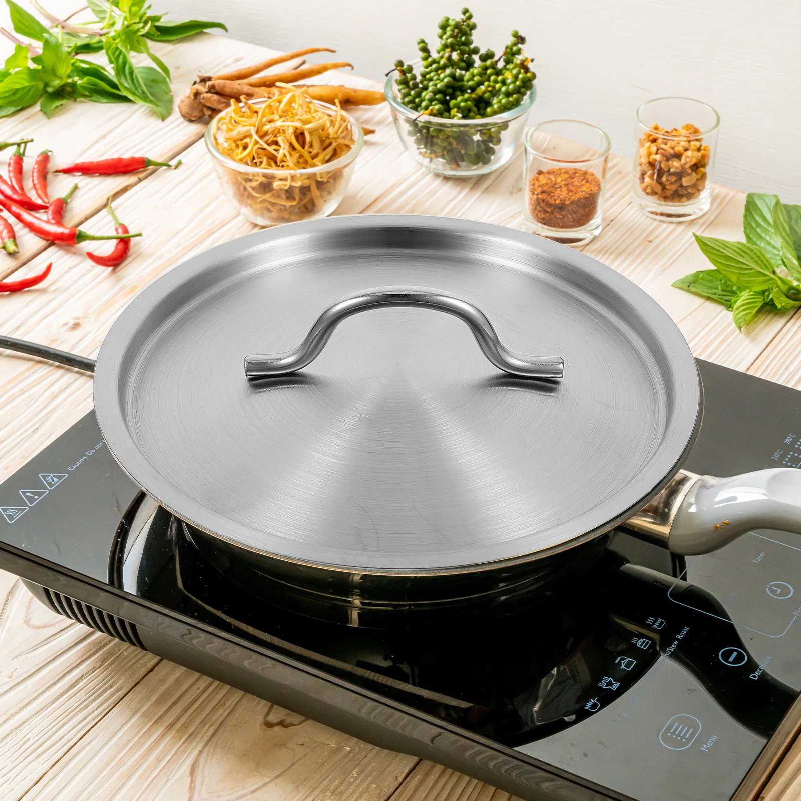 

1pcs Stainless Steel Pot Lid Round Cover for Soup Bucket Cooking Pots Universal Kitchen Skillet Frying Pan Wok