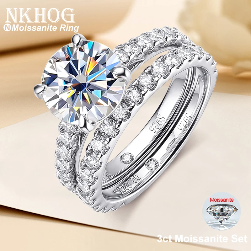 

NKHOG 3ct Full Moissanite D Color Ring Set 925 Sterling Silver Pt950 Women Pass Diamond Test Engagement Wedding Gifts Rings GRA